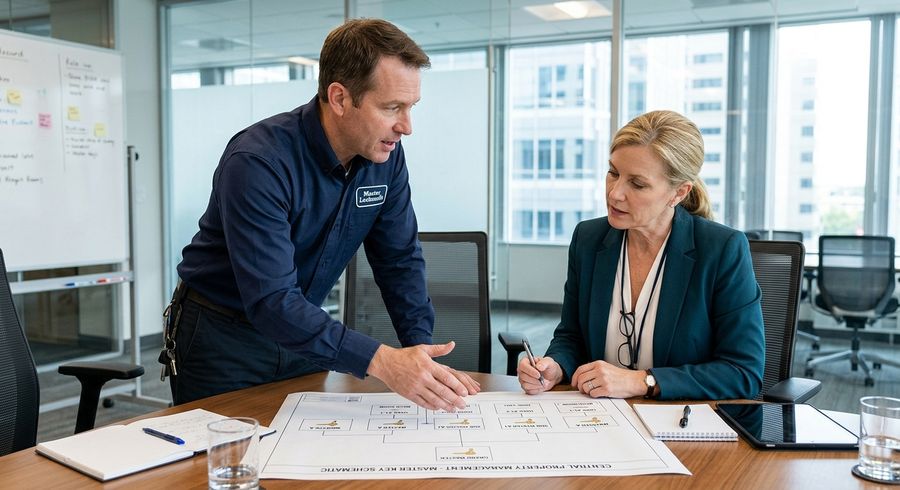 Commercial locksmith presenting a master key hierarchy diagram to a property manager in a conference room, pin cylinder cross-section visible on the table