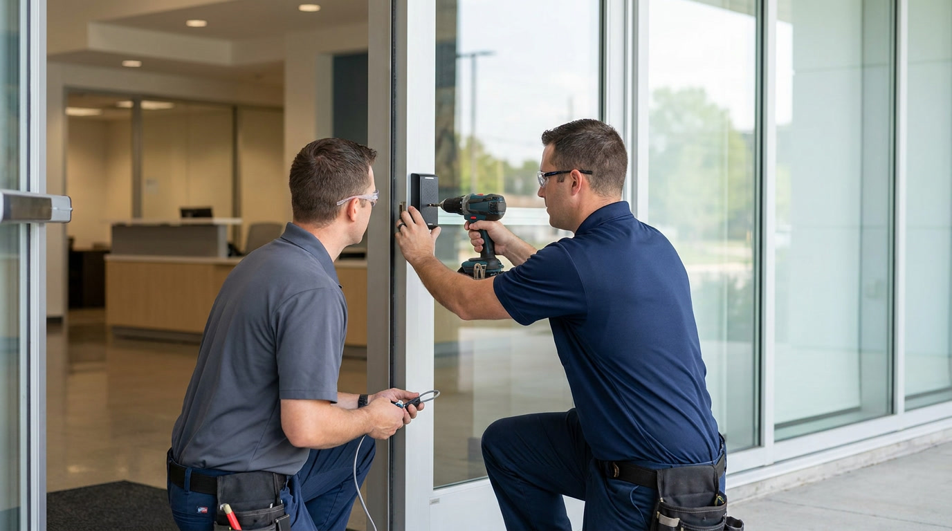 HR manager deactivating an employee access card at an office keycard reader panel during offboarding process