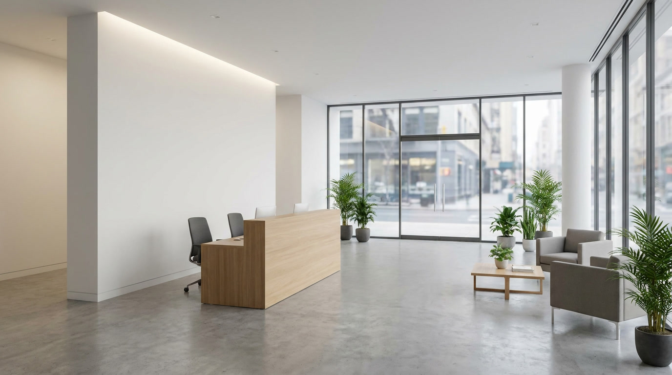 Multi-tenant office building with access-controlled entry lobby and keycard readers