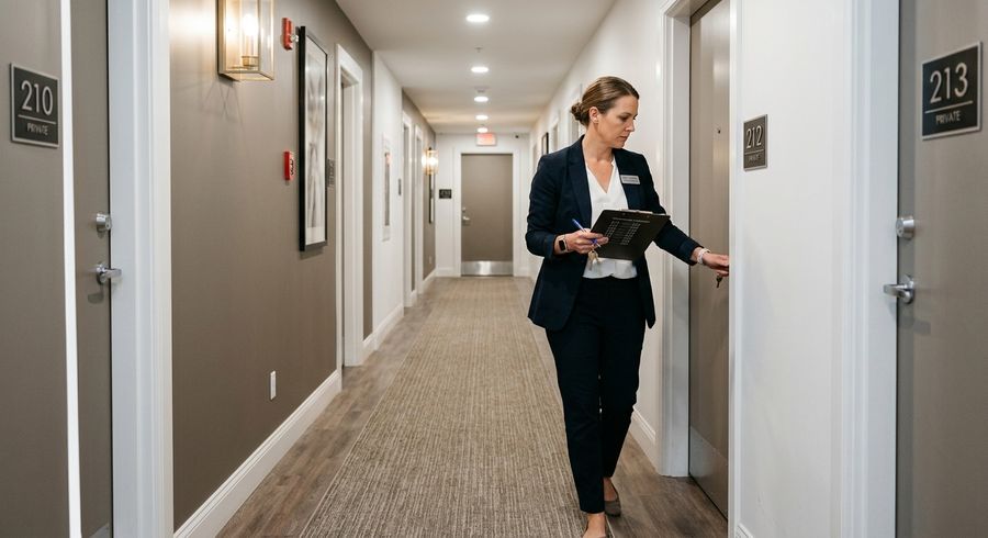 Property manager and commercial locksmith standing outside a multi-unit apartment building reviewing move-out rekey order on a clipboard
