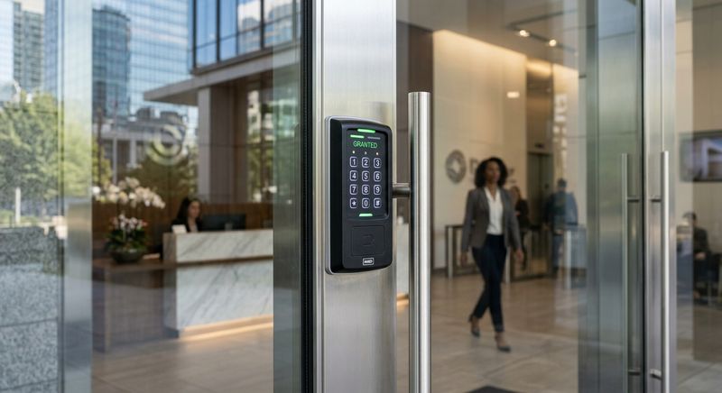 HID keycard access reader installed on a glass office door frame with LED indicator light