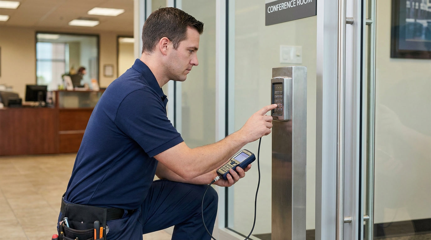Property manager accessing a key control cabinet system with audit log entries on screen