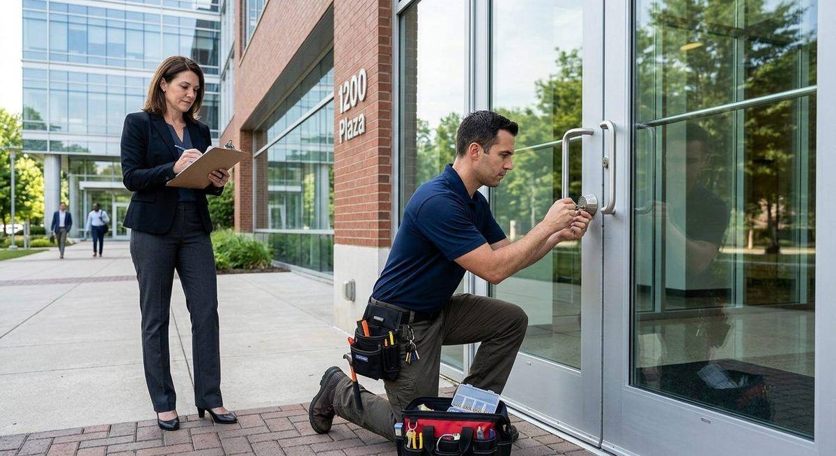 Facilities manager reviewing a commercial lock change checklist on a tablet in an office building corridor