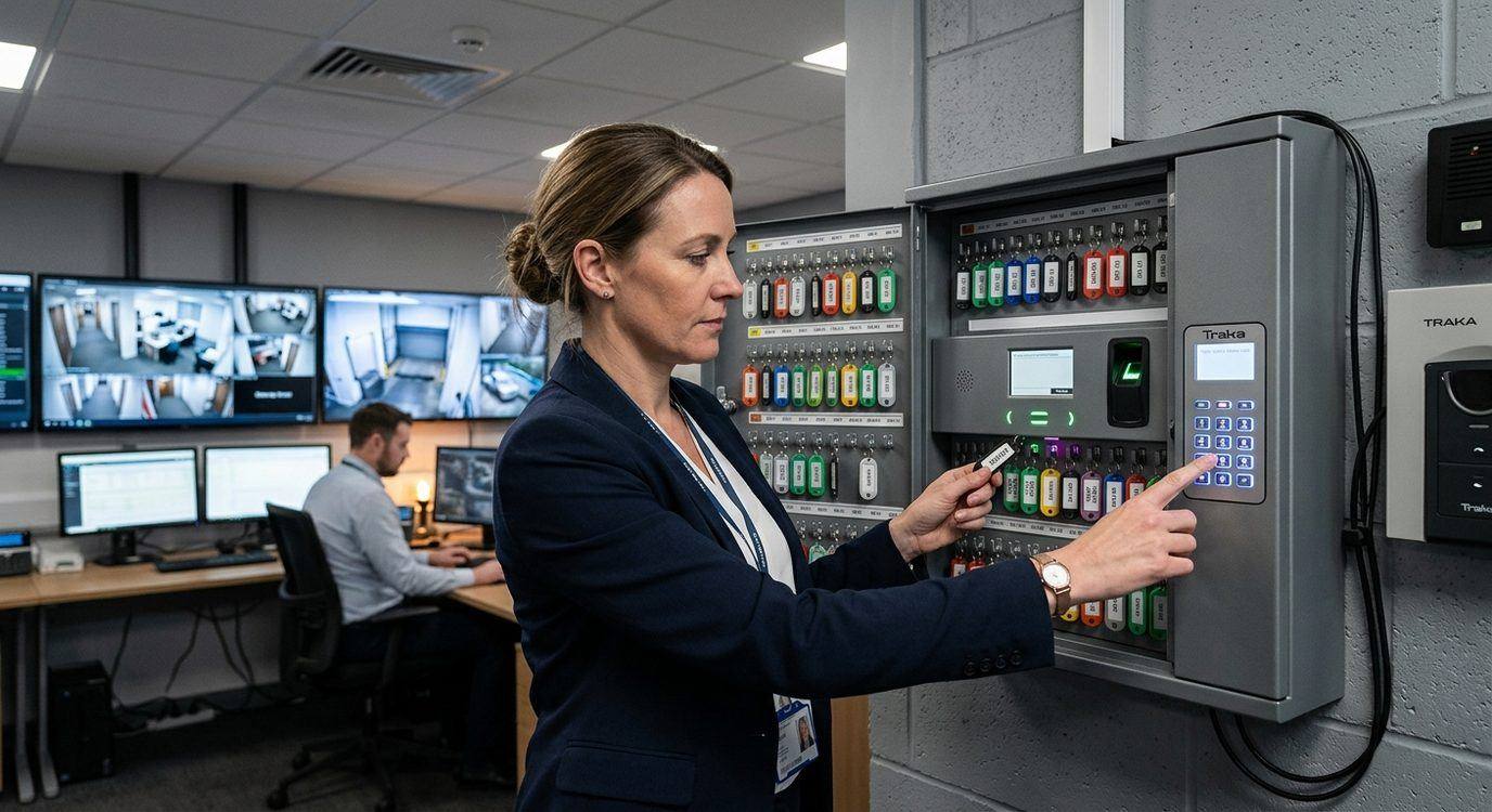 Electronic key control cabinet with individual locking hooks and digital audit log screen mounted in a secure room