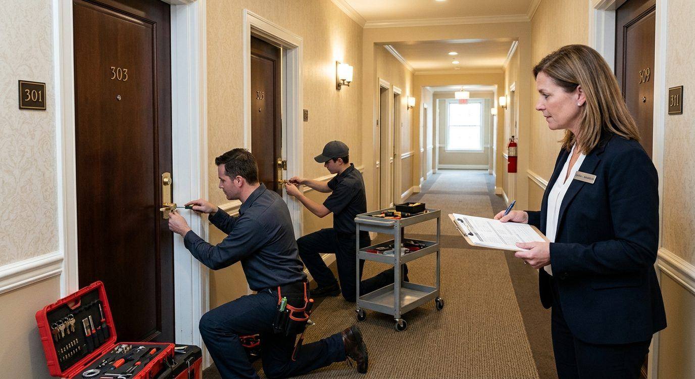 Commercial locksmith rekeying entry cylinders on a row of apartment doors during a scheduled bulk rekey operation